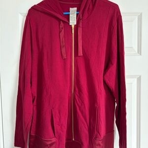 Chico’s Zenergy Burgundy Woven Back Detail Hooded Jacket Size XL Chico’s 3 EUC